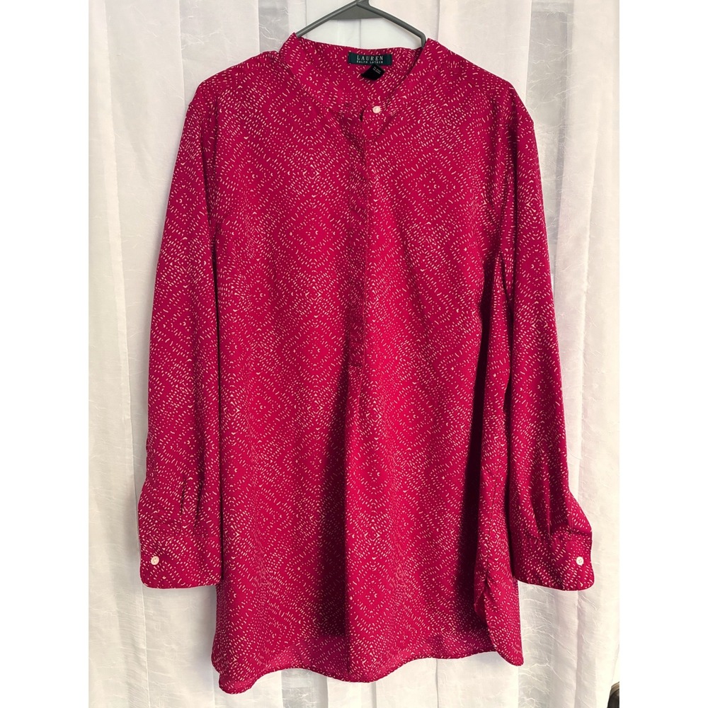 Lauren Ralph Lauren Orangish Red Geo Dash Print Button Front Tunic Blouse 2X